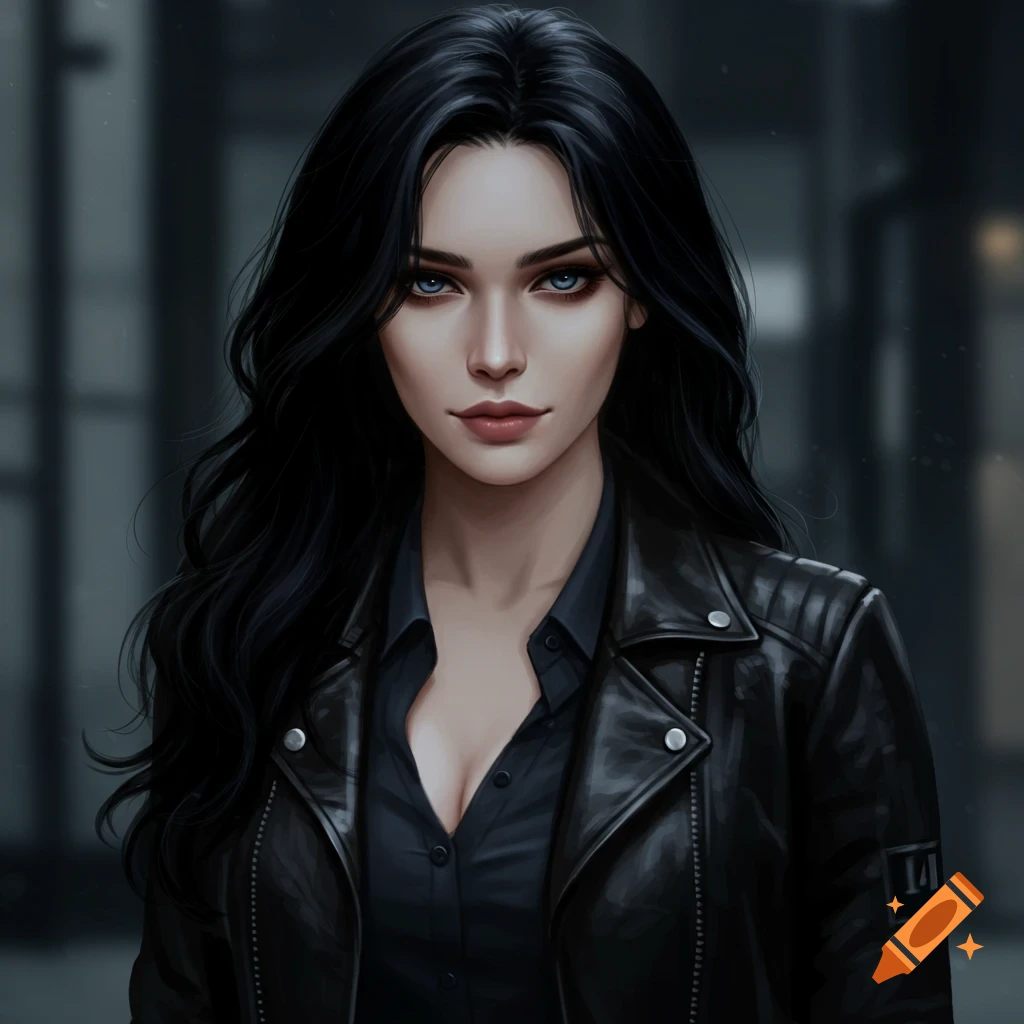 Portrait of a woman with black hair and blue eyes wearing a black shirt and leather jacket.