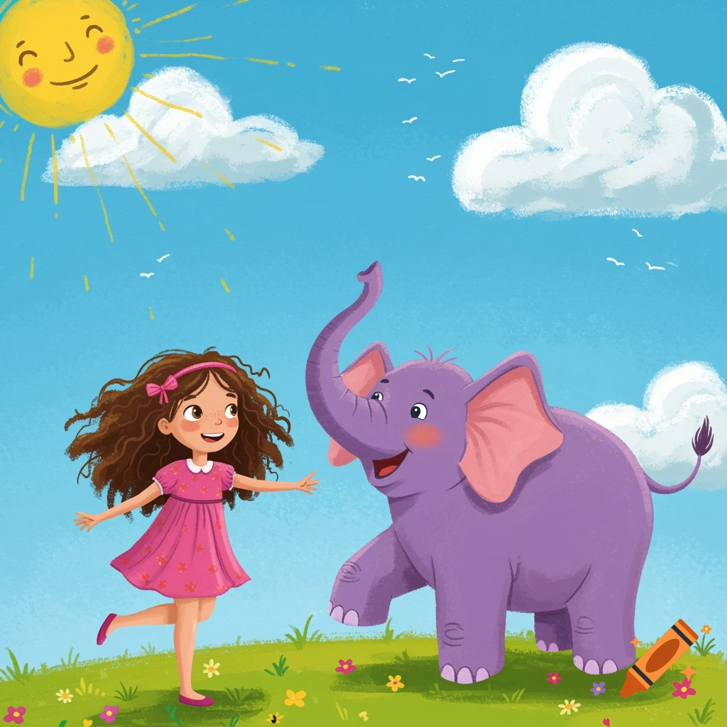 Illustration of a girl and a purple elephant playing on a sunny grassy hill with flowers, birds, and clouds.
