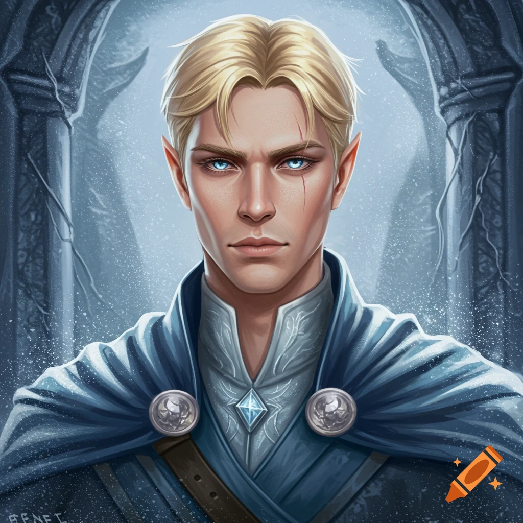 A portrait of a blonde fantasy man with pointed ears and a scar, wearing a blue cloak.
