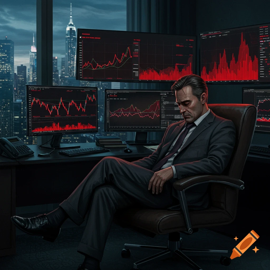 Man in suit in office with stock market charts on monitors, overlooking city at night.