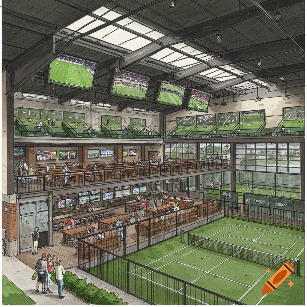 A sketch illustration of a multi-level sports bar with golf simulators, a restaurant, and outdoor pickleball courts.