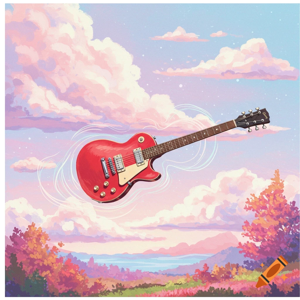 A red electric guitar floats in a stylized sky with pink clouds and colorful landscape below.
