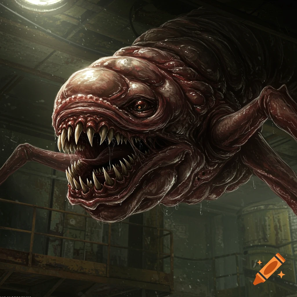 Detailed illustration of a grotesque barnacle monster from Half-Life 2 with sharp teeth in an industrial setting
