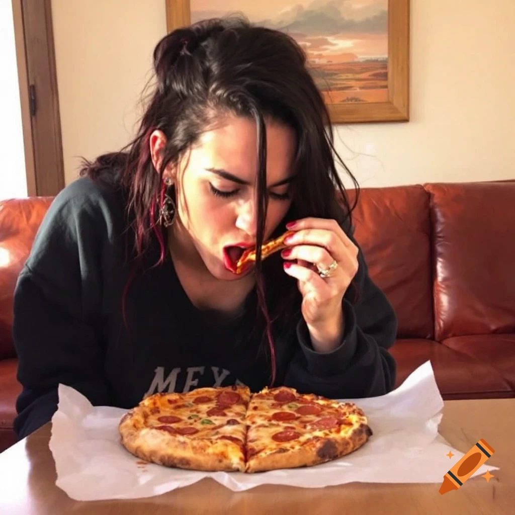 A person eating a slice of pepperoni pizza indoors