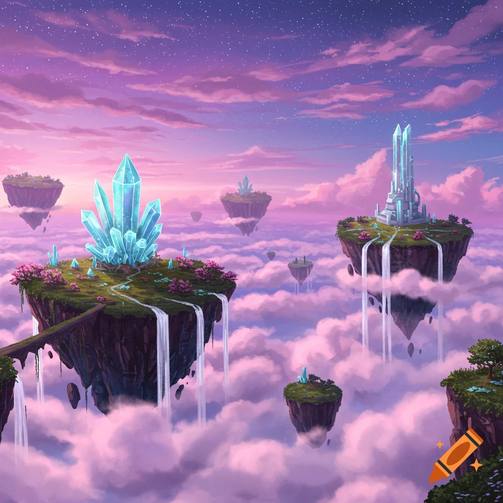 Fantasy landscape of floating islands with crystals, waterfalls, and pink clouds.