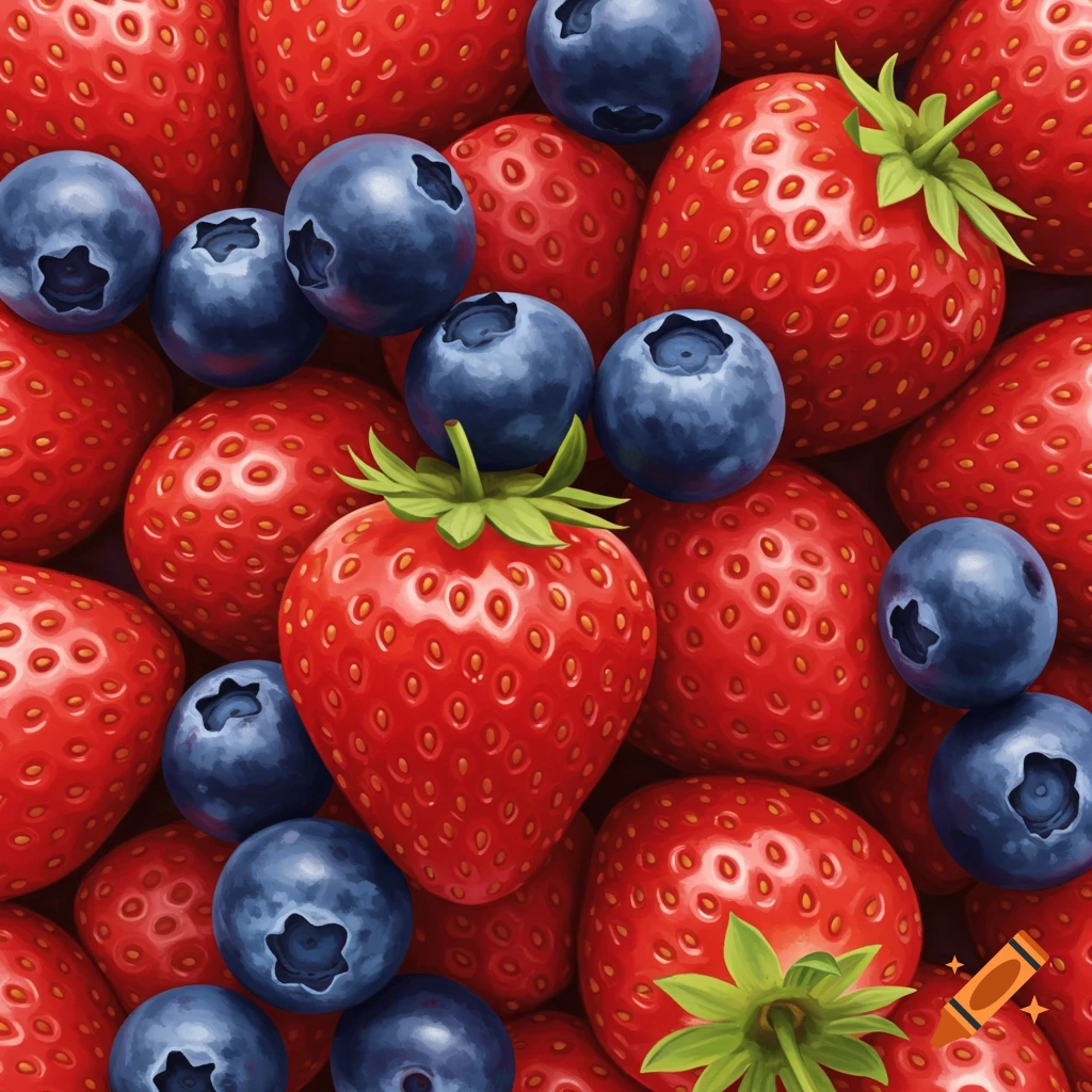 Close-up view of red strawberries and blue blueberries mixed together.