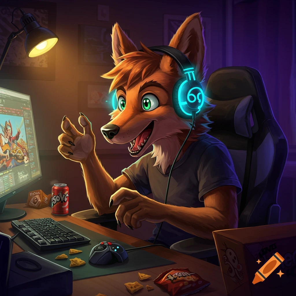 An illustration of a furry fox character playing video games at a desk with headphones, chips, and soda.