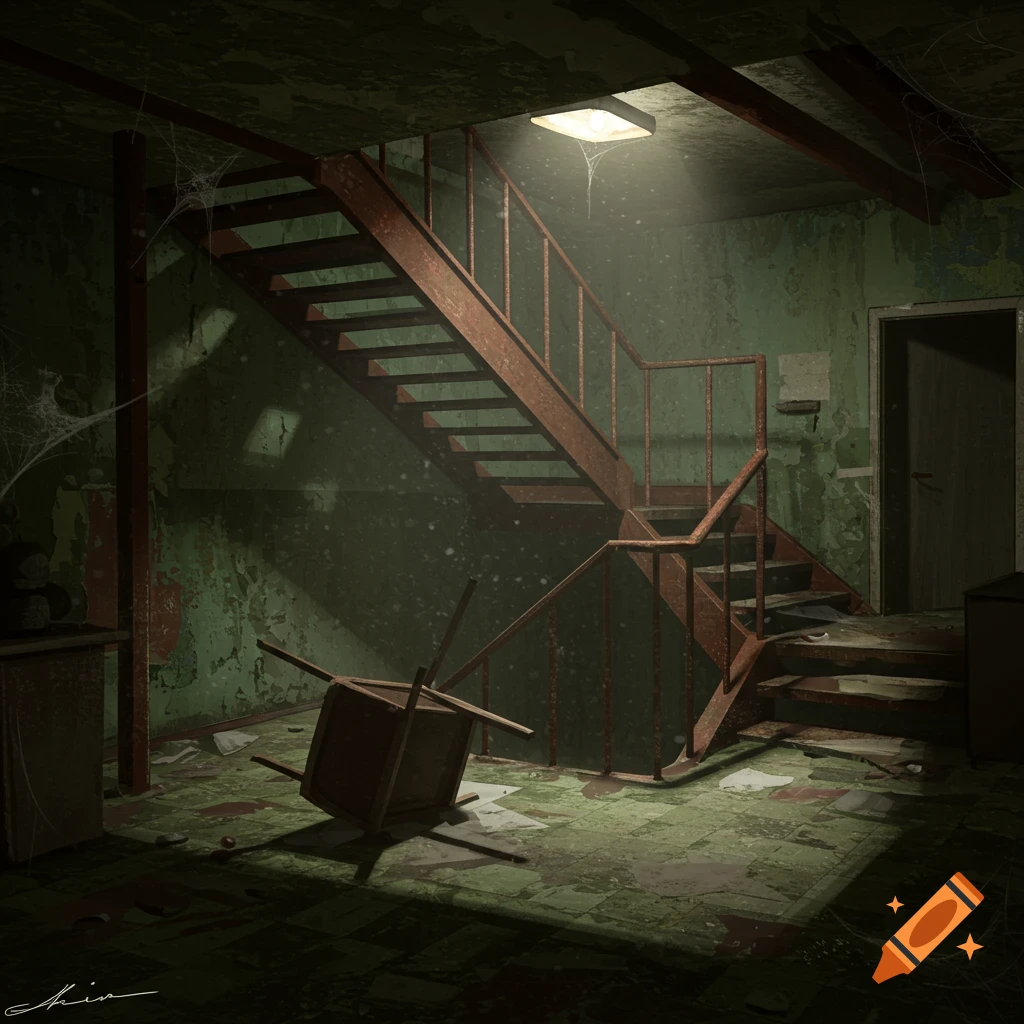Dark, dusty, abandoned basement with a metal staircase, fallen chair, and debris on the floor.