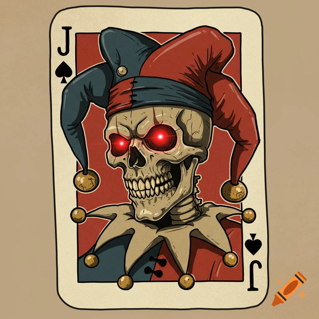 A stylized illustration of a skeleton wearing a jester hat, on a Jack of Spades playing card, with red glowing eyes, in a tattoo art style.