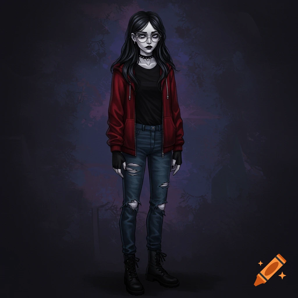 A gothic illustration of a young woman with long black hair, glasses, a red hoodie, ripped jeans, and boots.