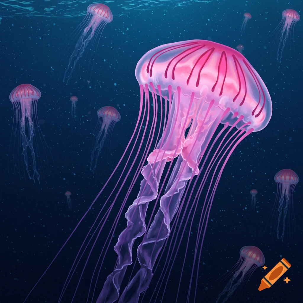 A large pink and purple jellyfish swims in a deep blue sea among smaller jellyfish.