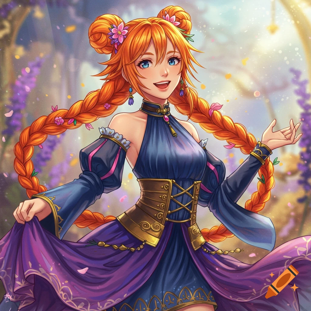 Anime girl with orange braided hair and space buns in a fantasy dress in a garden.