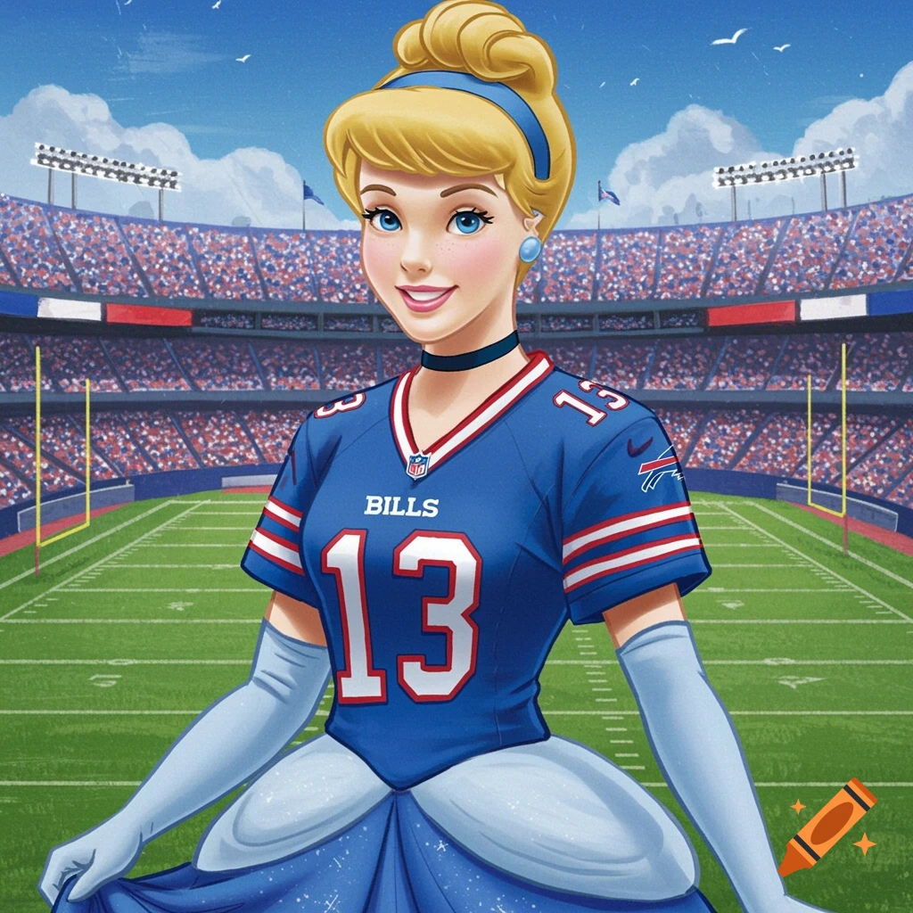 A cartoon princess in a Buffalo Bills jersey stands in a football stadium.