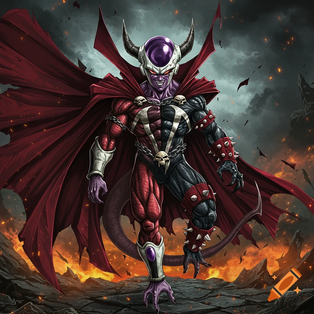 A demonic creature resembling a fusion of Frieza and Spawn stands in a fiery landscape, wearing a red cape and black and red armor with skulls.