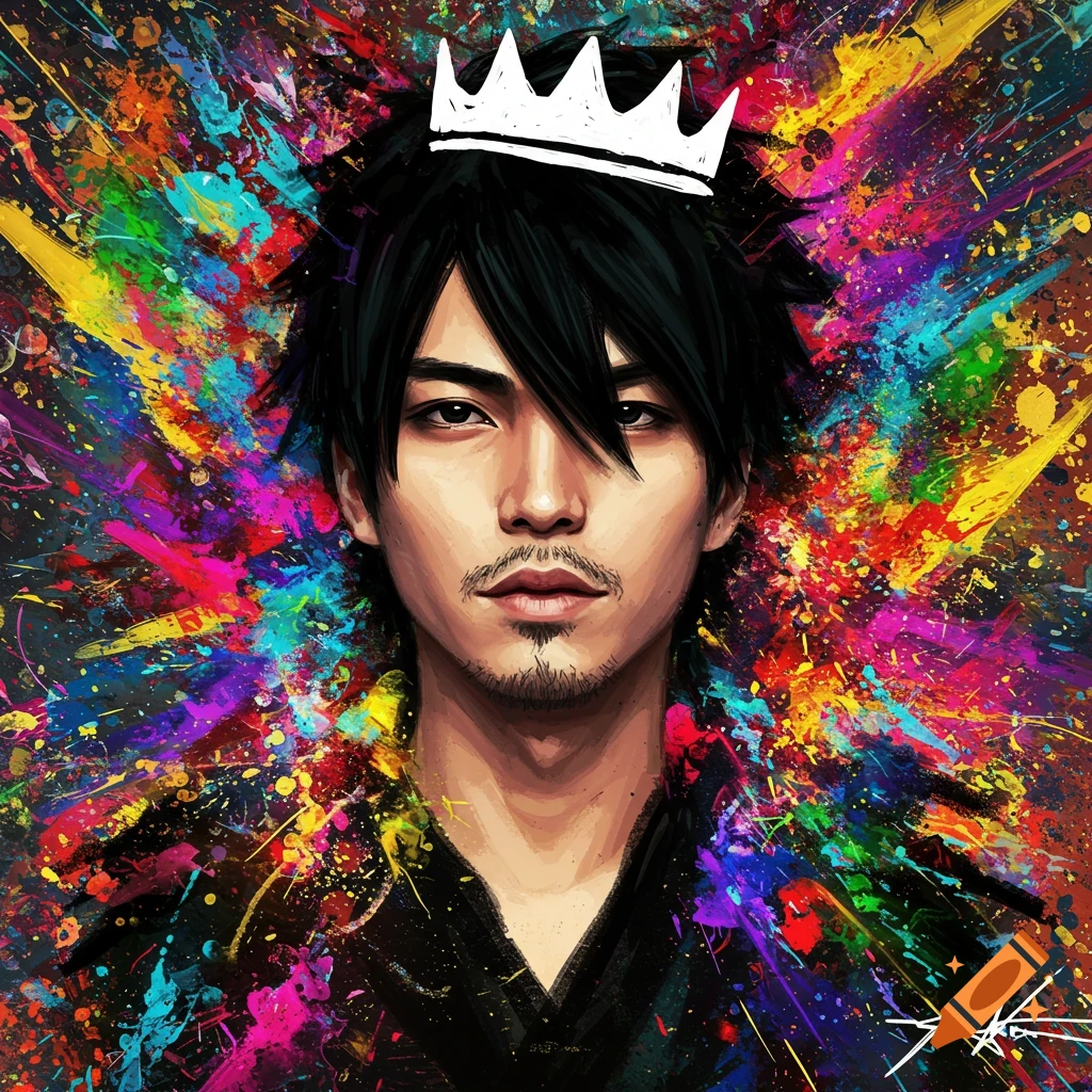 A vibrant portrait of a man wearing a white crown against a background of colorful paint splatters and streaks.