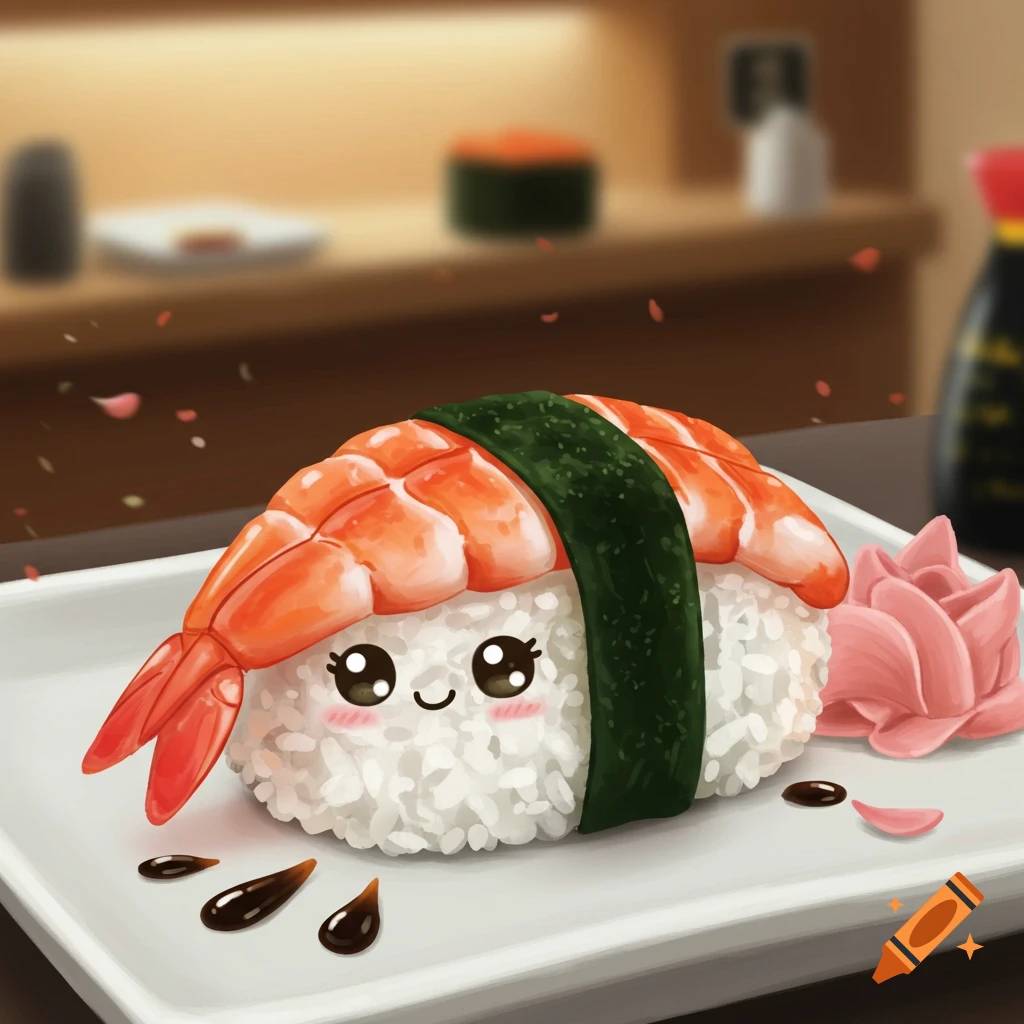 Cute cartoon shrimp sushi with a smiling face on a plate with ginger and soy sauce.