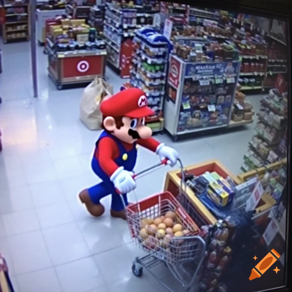 CCTV footage capturing Mario pushing a shopping cart filled with eggs in a supermarket aisle.