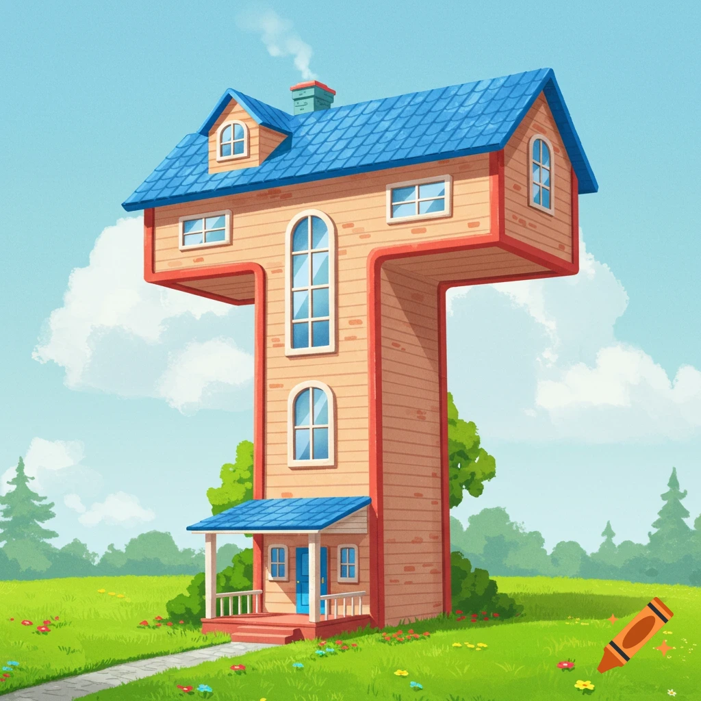 A cartoon house shaped like the letter T sits in a green field under a blue sky.