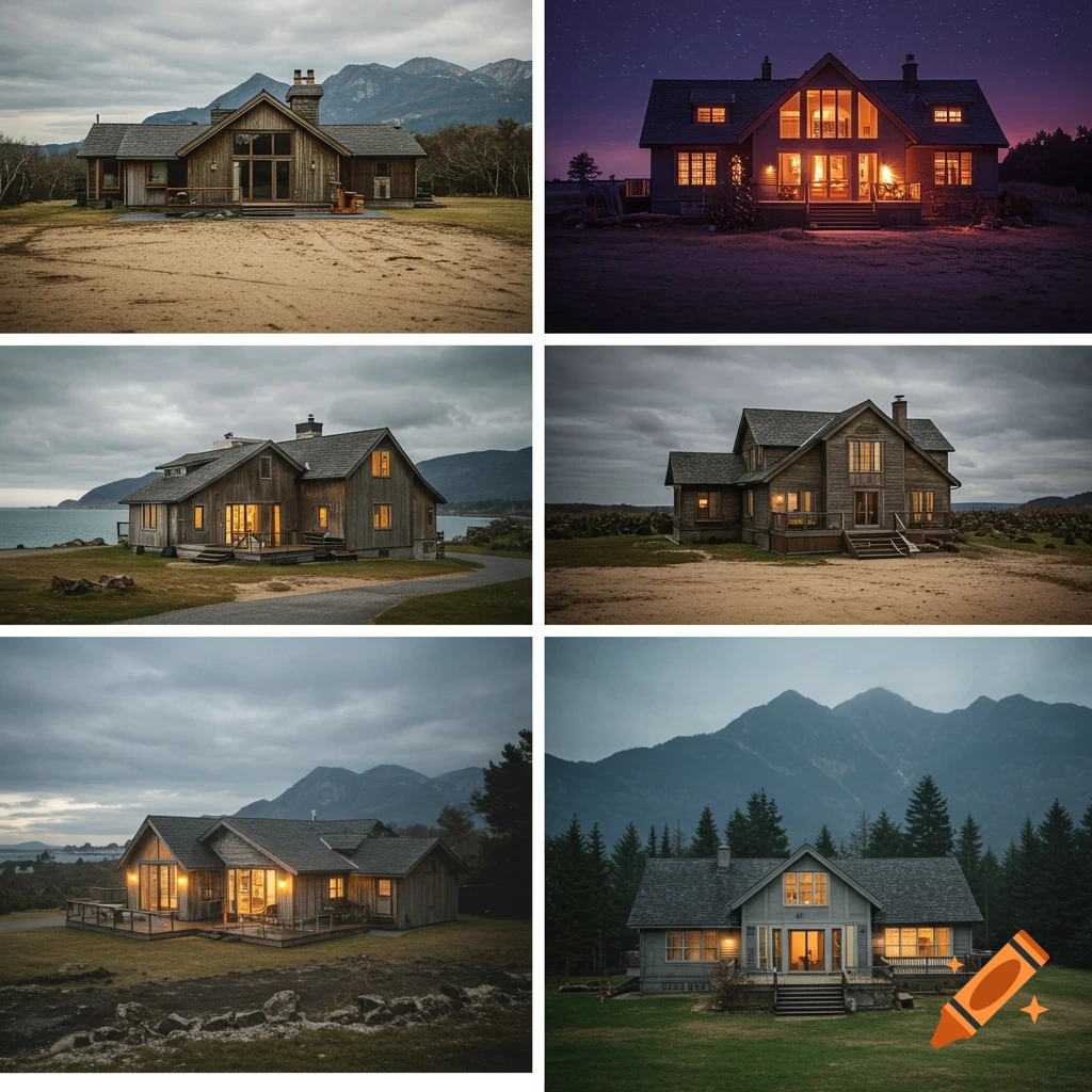 A grid of six images showing cinematic houses in different landscape settings and times of day.