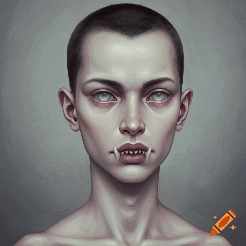 Close-up portrait of a figure with pale skin, white eyes, short hair, and large fangs in a painterly style.