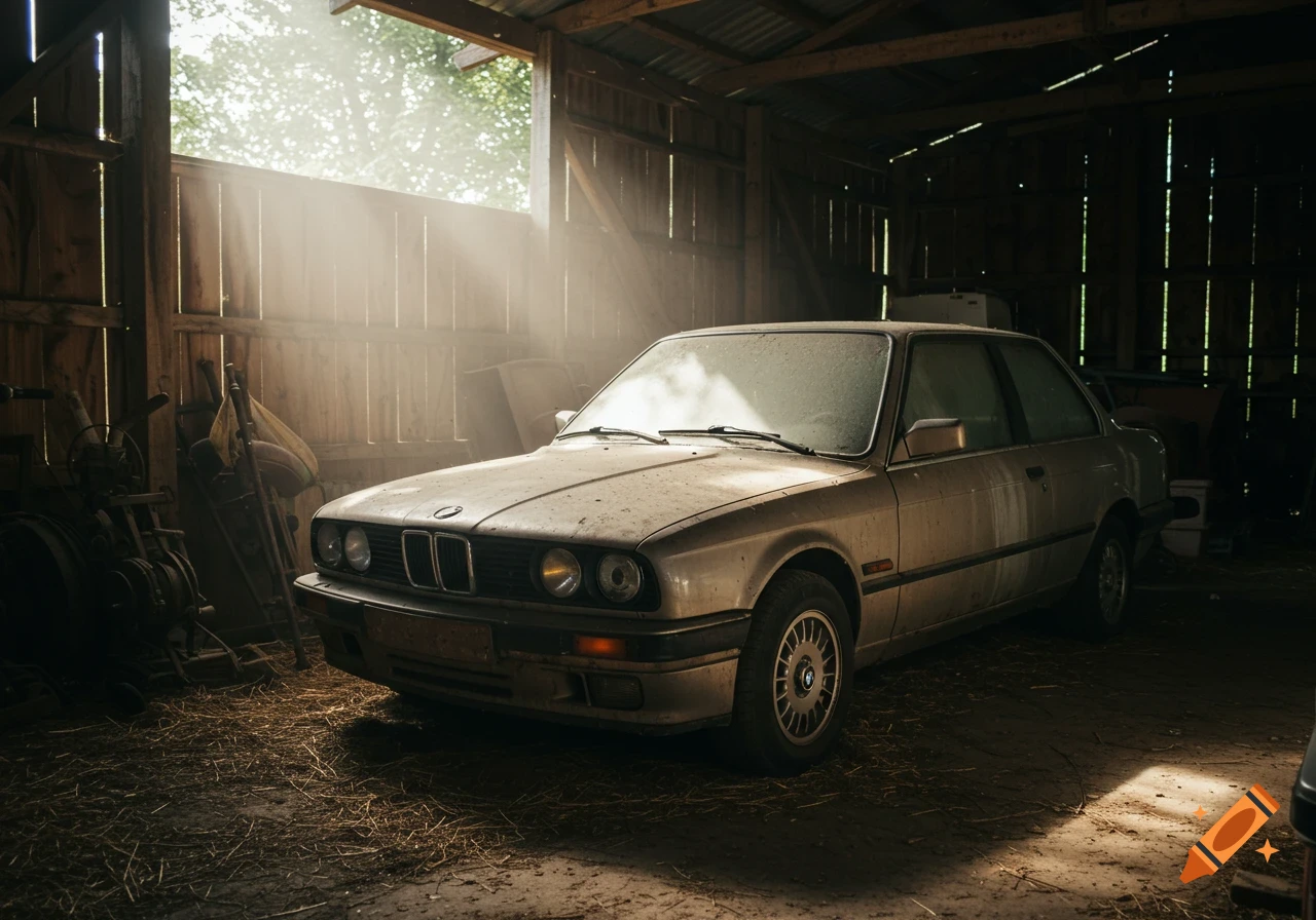 A dusty old BMW 3 Series parked inside a barn with sunlight streaming through the opening.