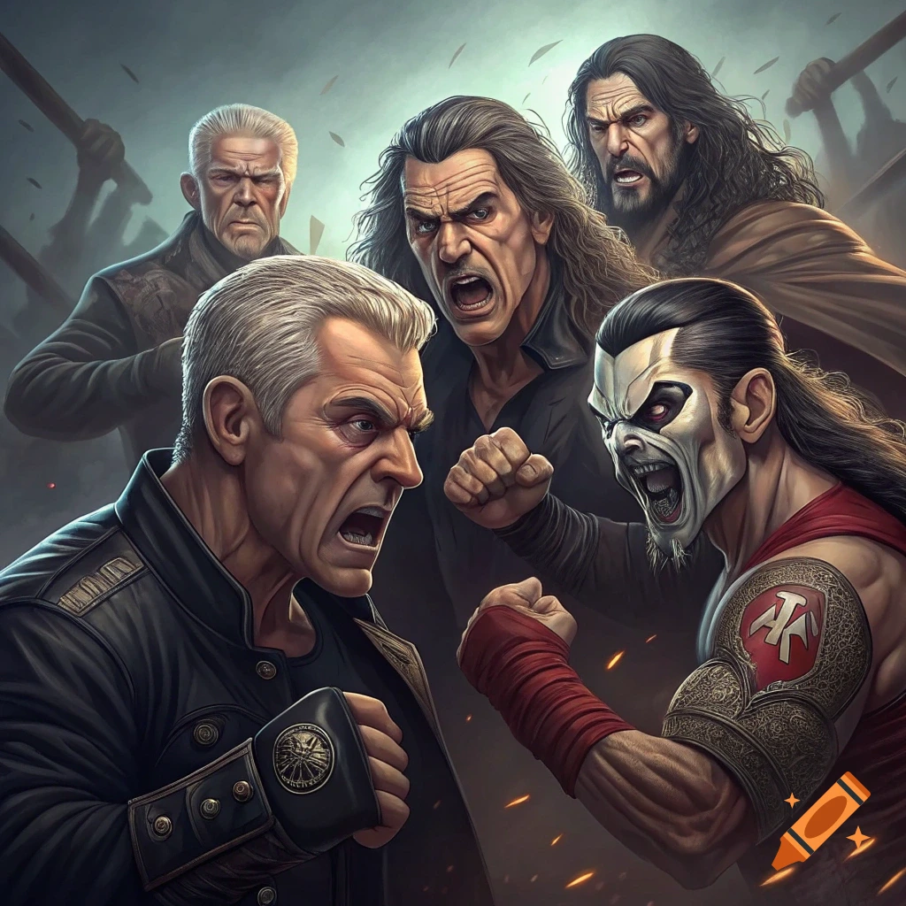 Stylized illustration of several men fighting with angry expressions in a dynamic battle scene.