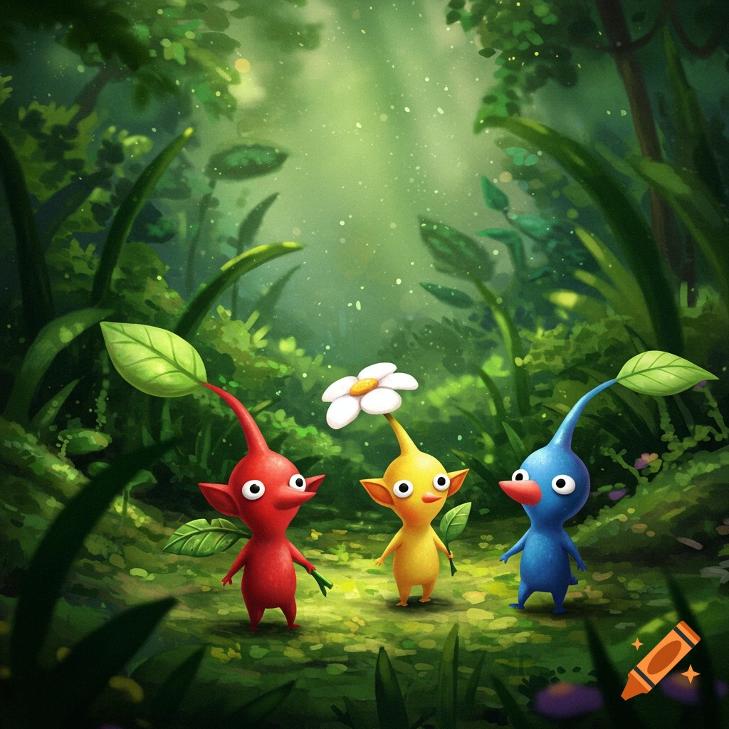 Three colorful Pikmin stand in a bright forest clearing.