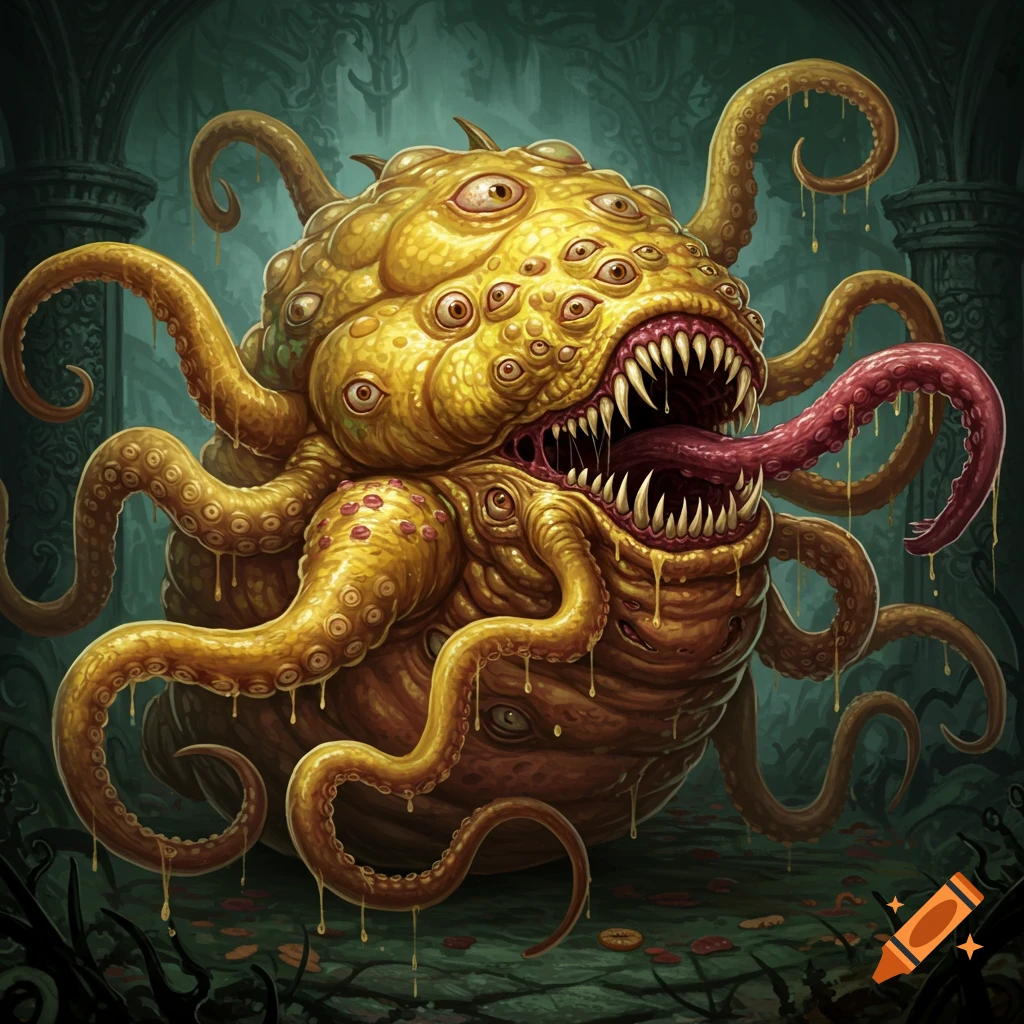 A grotesque yellow monster with many eyes, sharp teeth, a long tongue, and dripping tentacles in a dark, fantasy setting.