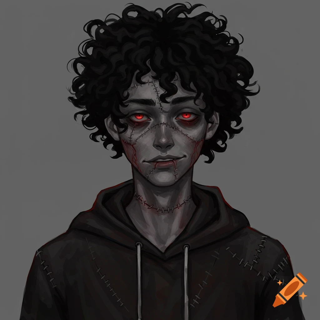 Stylized portrait of a person with grey skin, red eyes, black curly hair, and stitches on their face and neck, wearing a dark hoodie.
