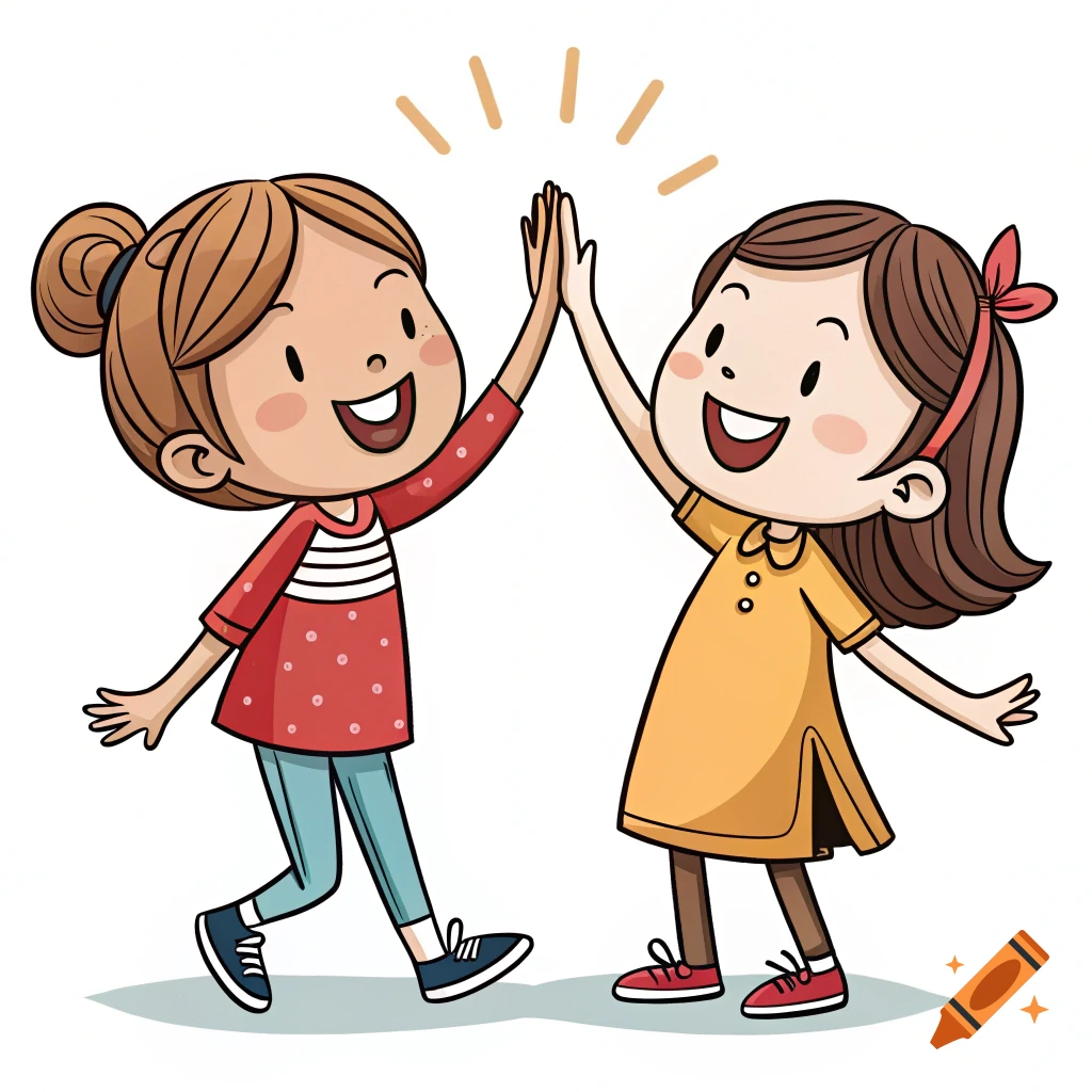 Two cartoon girls high fiving in a simple clipart style.