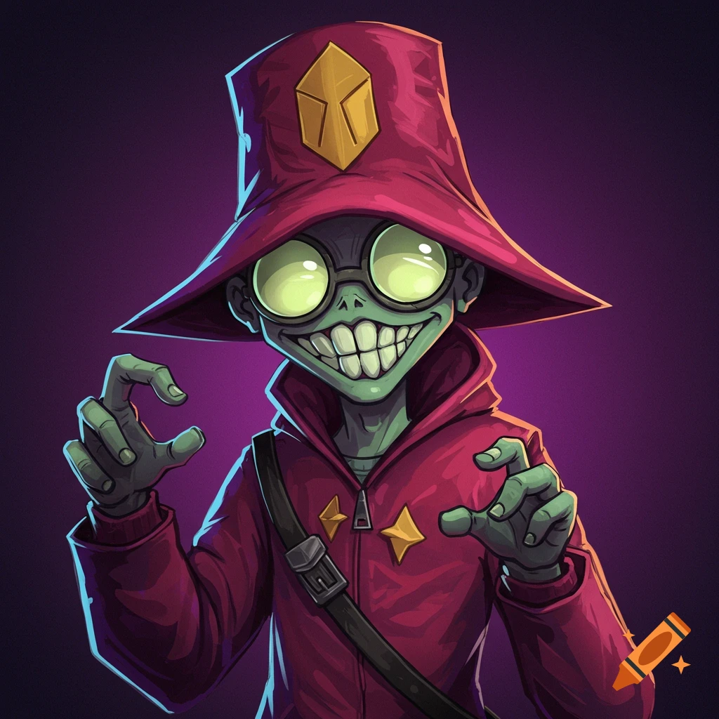 Cartoon of a green-skinned character with big glasses and a wide grin wearing a red hat and jacket.
