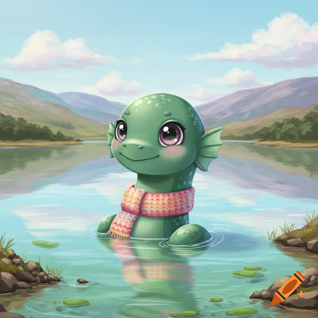 A cute green Loch Ness monster wearing a scarf pokes its head out of a lake with mountains in the background.