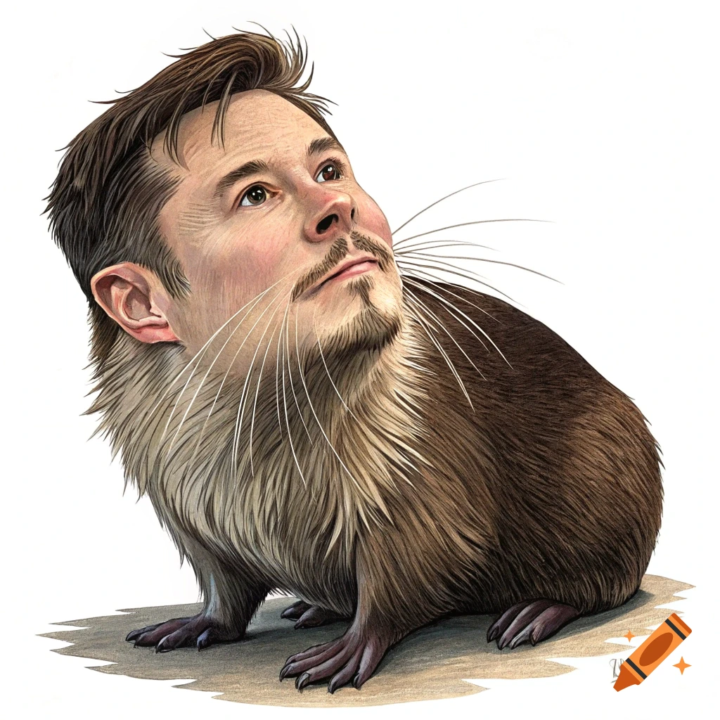 Illustration of a muskrat with Elon Musk's face looking upwards.