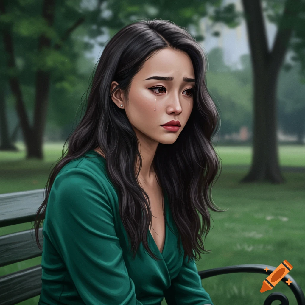 Illustrative portrait of a sad young woman crying on a park bench.