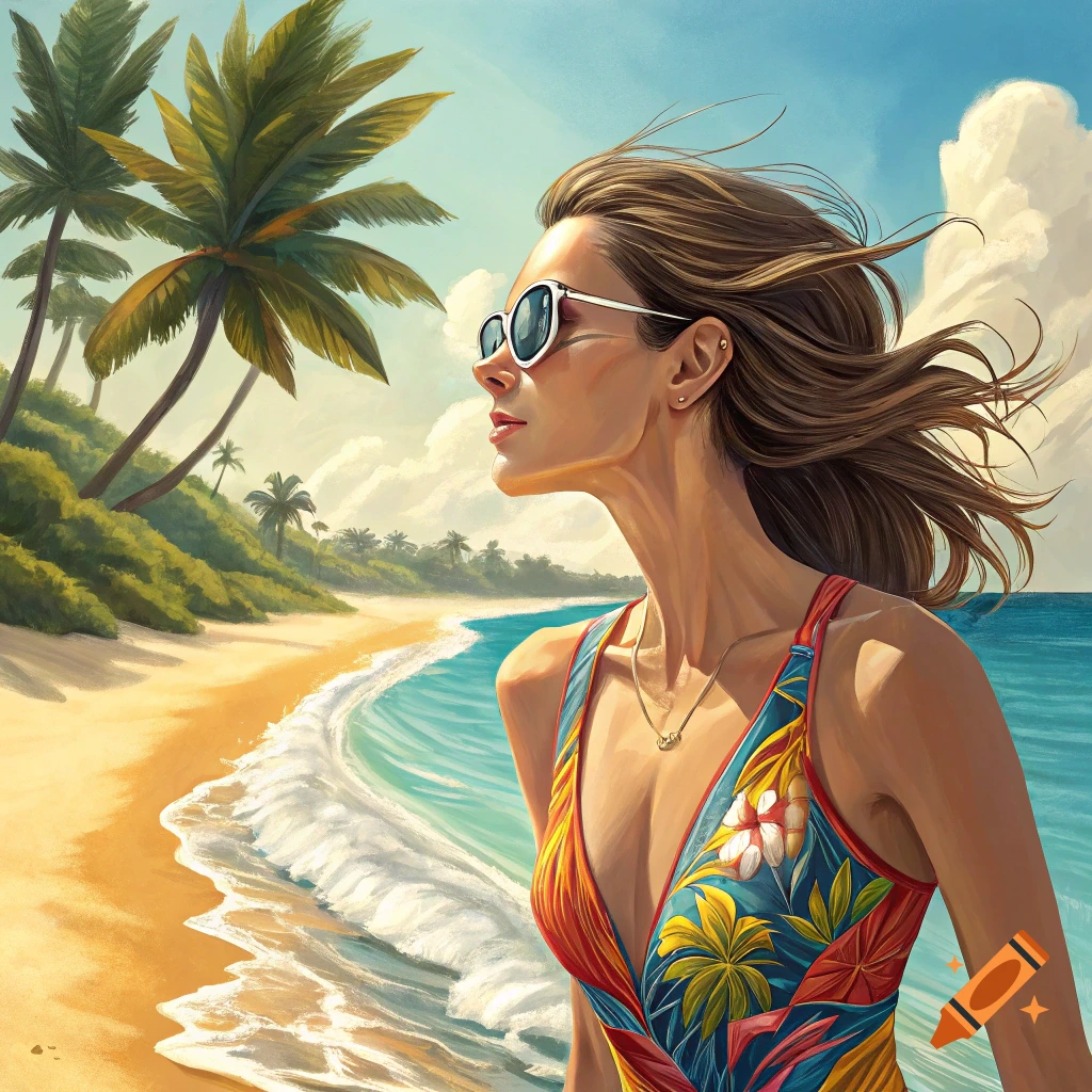 A woman in a floral swimsuit and sunglasses looks out at a tropical beach with palm trees.