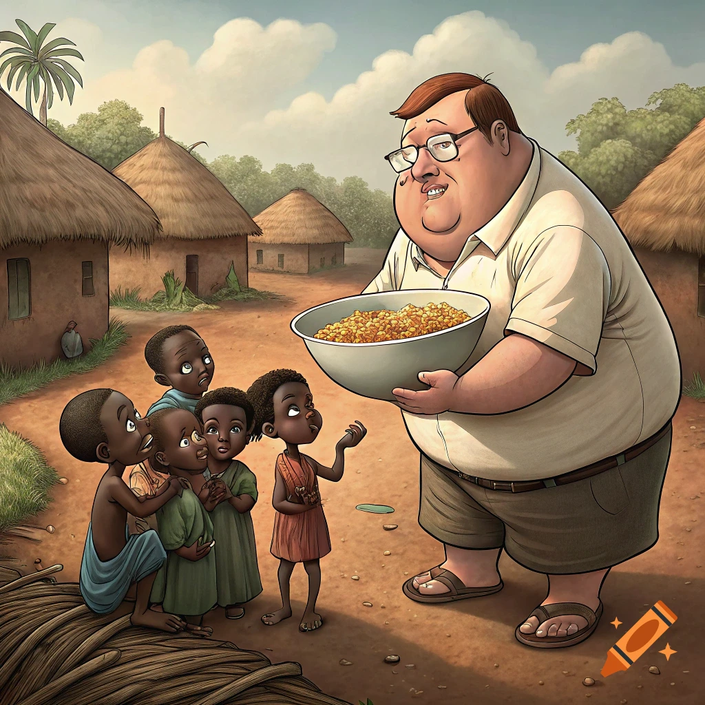Peter Griffin feeding children in a village