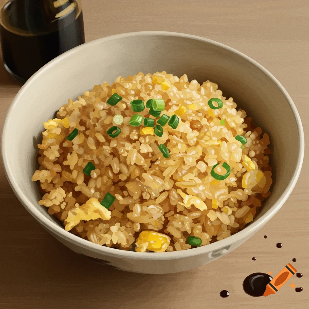 Stylized illustration of a bowl of fried rice with green onions and soy sauce drops on a table.