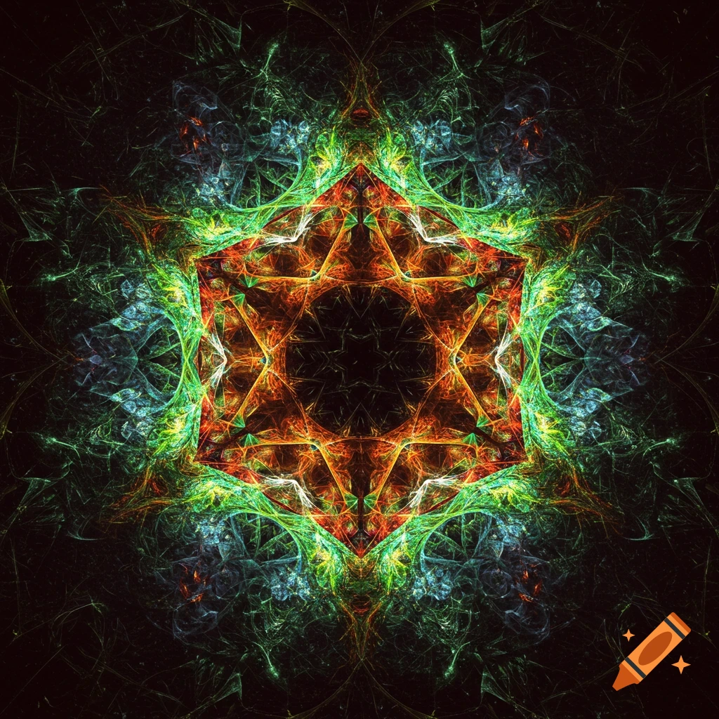 A vibrant, complex abstract fractal pattern with green, orange, and yellow colors centered like a kaleidoscope.