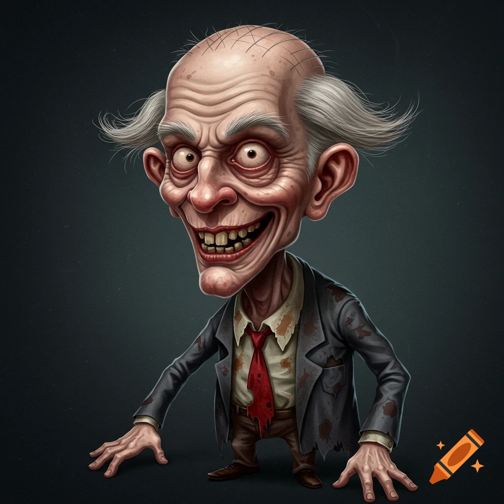 A grotesque, cartoony caricature of a creepy old man with a comb-over.