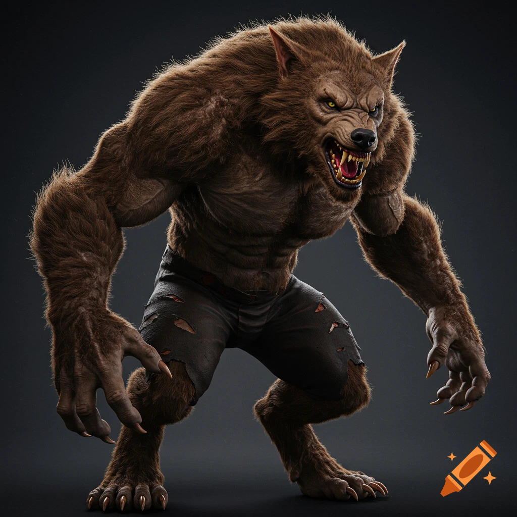 A powerful brown werewolf with green eyes and long claws