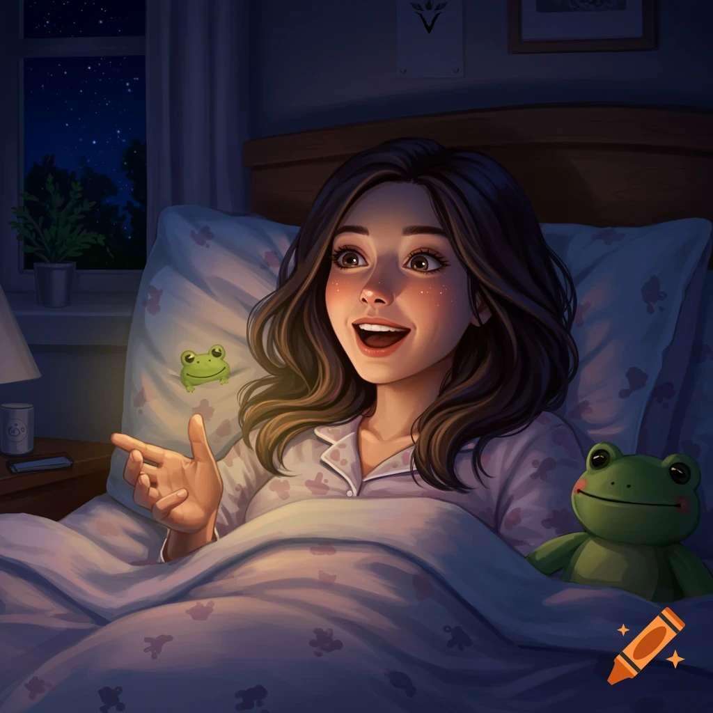 An illustration of a girl in bed at night, looking happily at a small frog floating near her hand, with a plush frog beside her.