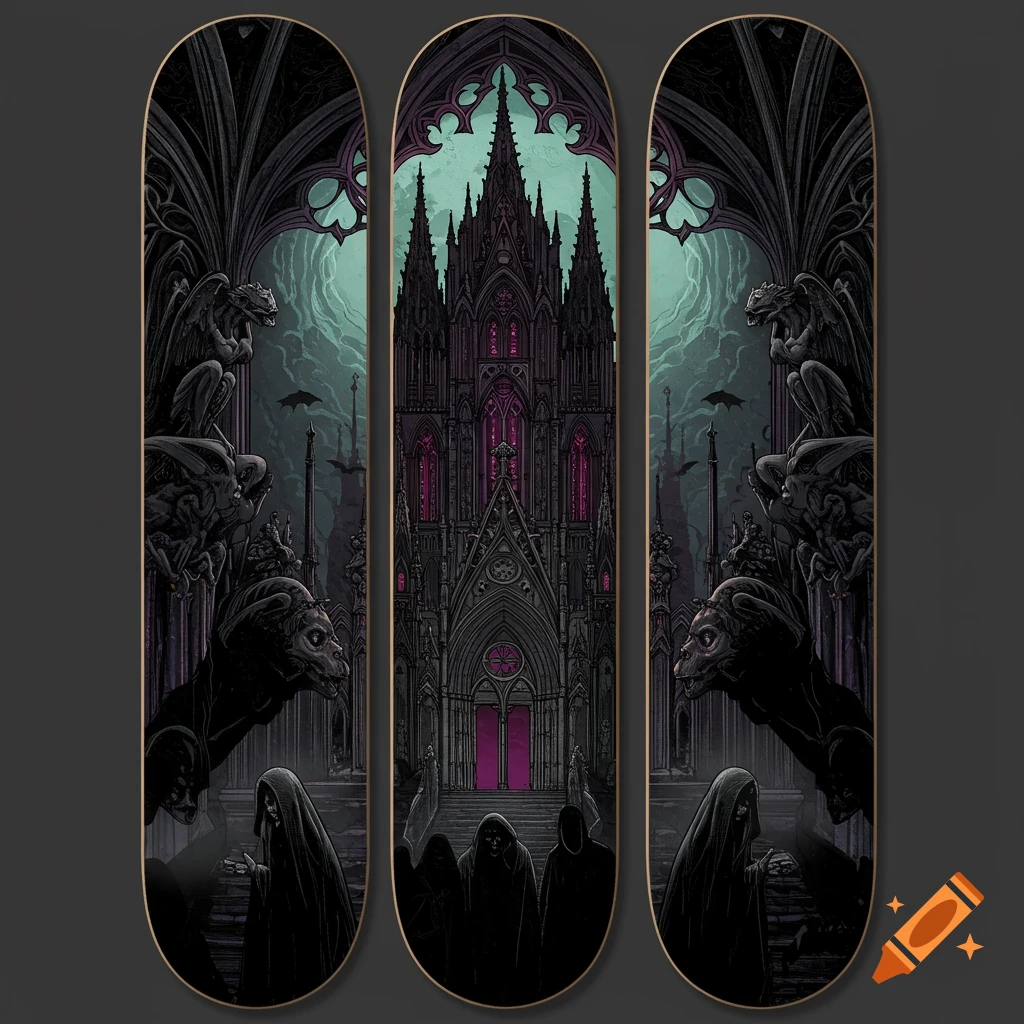 Gothic art illustration across three skateboard decks showing a cathedral, gargoyles, and hooded figures.