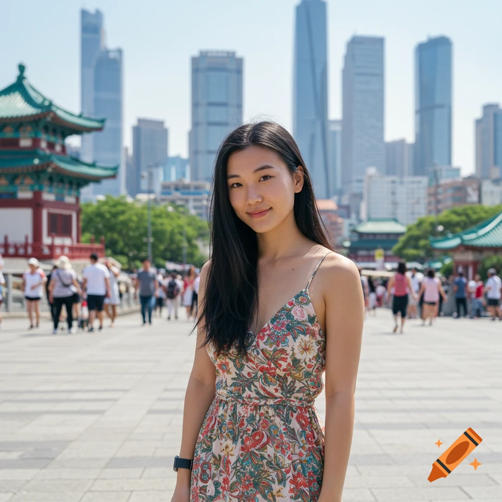 An Asian woman poses on a busy city street with traditional and modern buildings.