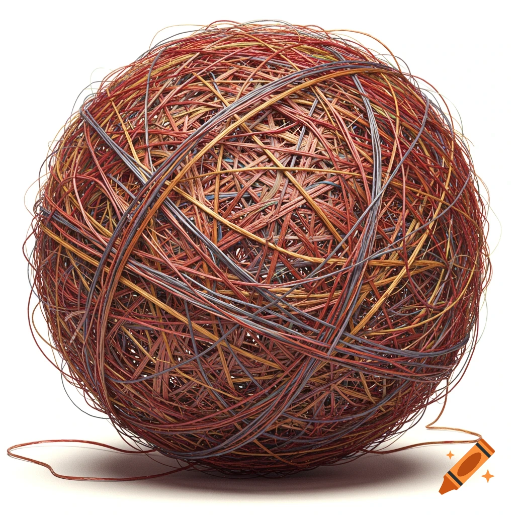 A large sphere of tangled red, orange, yellow, and grey wires on a white background.