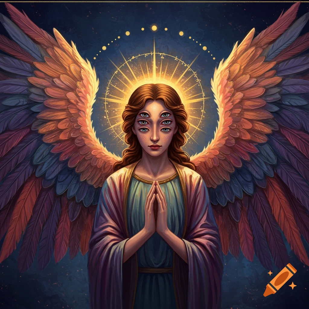 A celestial figure with multiple eyes and large feathered wings, hands clasped in prayer, a radiant halo surrounds its head.