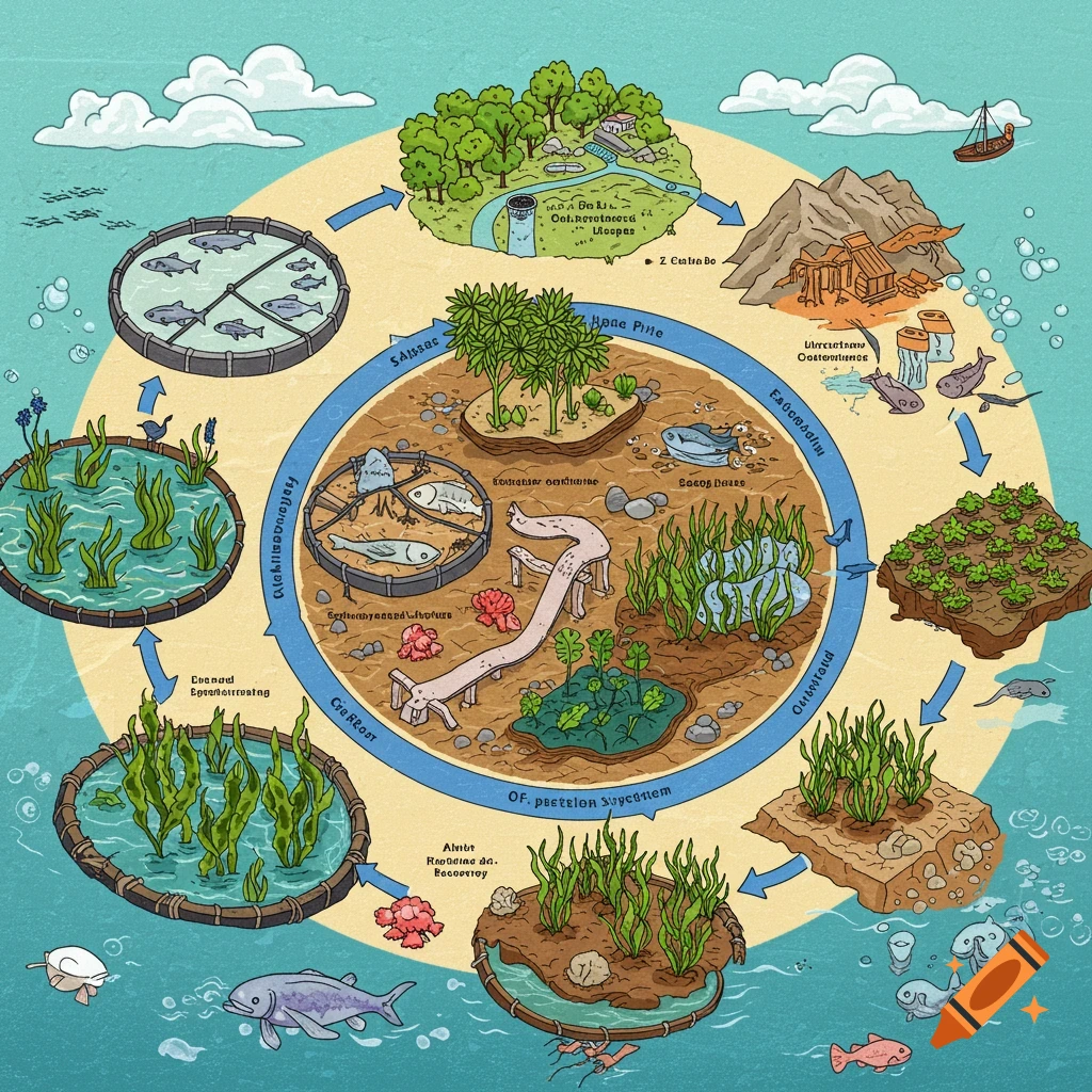 Cartoon diagram illustrating a circular economy process for aquaculture with fish farms, water plants, and fields.