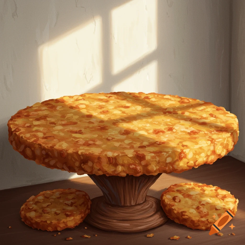A table made of hash browns with two smaller hash browns on the floor, lit by sunlight.