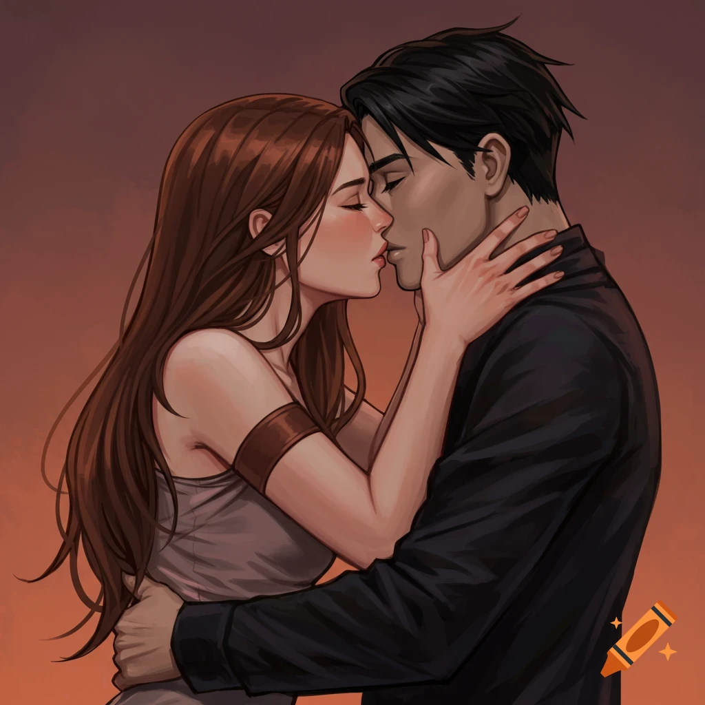 Illustration of a woman with brown hair kissing a man with black hair.
