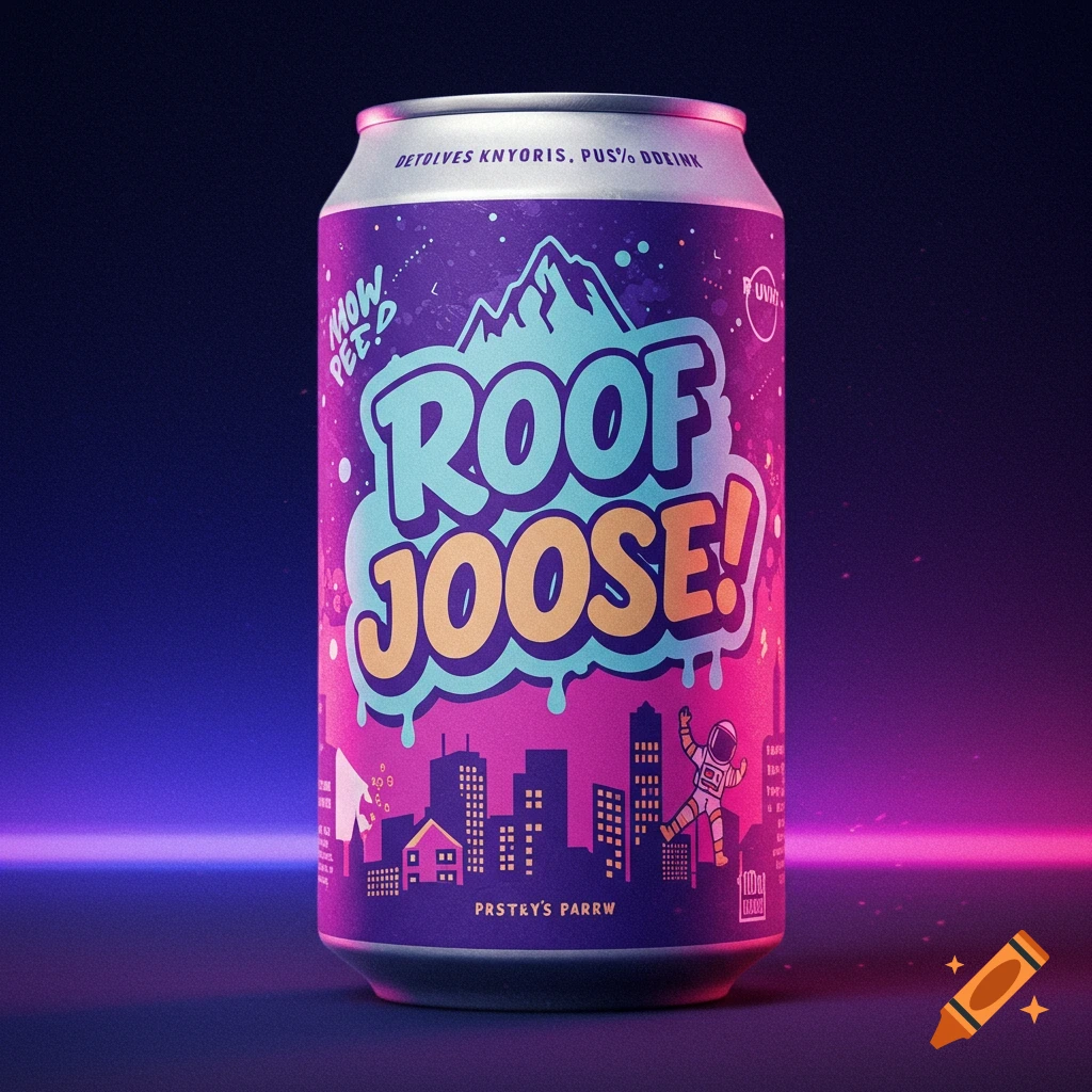 A colorful soda can labeled 'Roof Joose!' featuring a cityscape and astronaut design.
