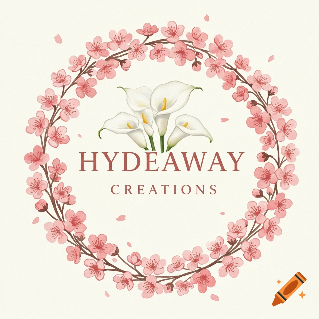 Watercolor circular logo with cherry blossoms, calla lilies, and the text Hydeaway Creations.